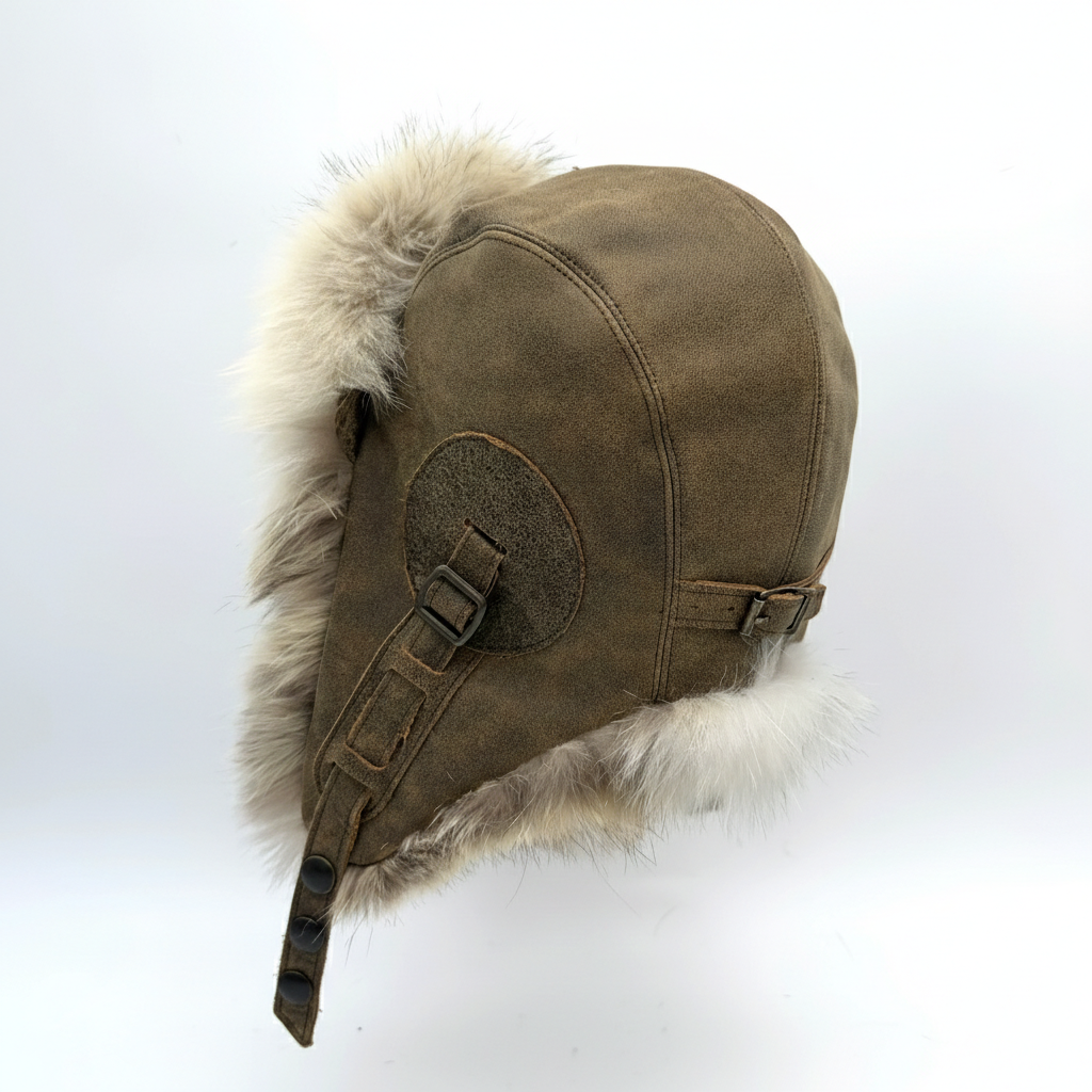 Wolf Fur Aviator Hat, Antique Brown Leather - Simon Model