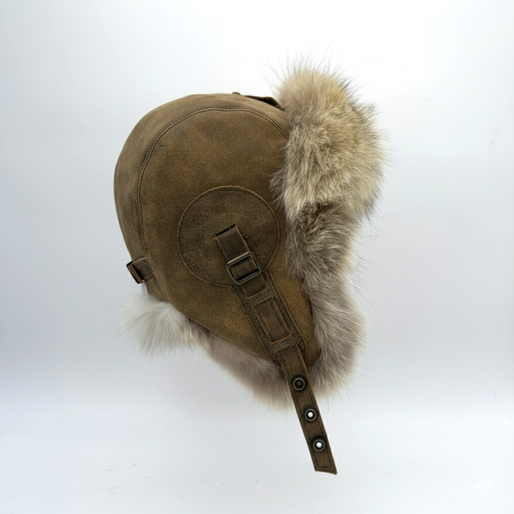 Wolf Fur Aviator Hat, Antique Brown Leather - Simon Model
