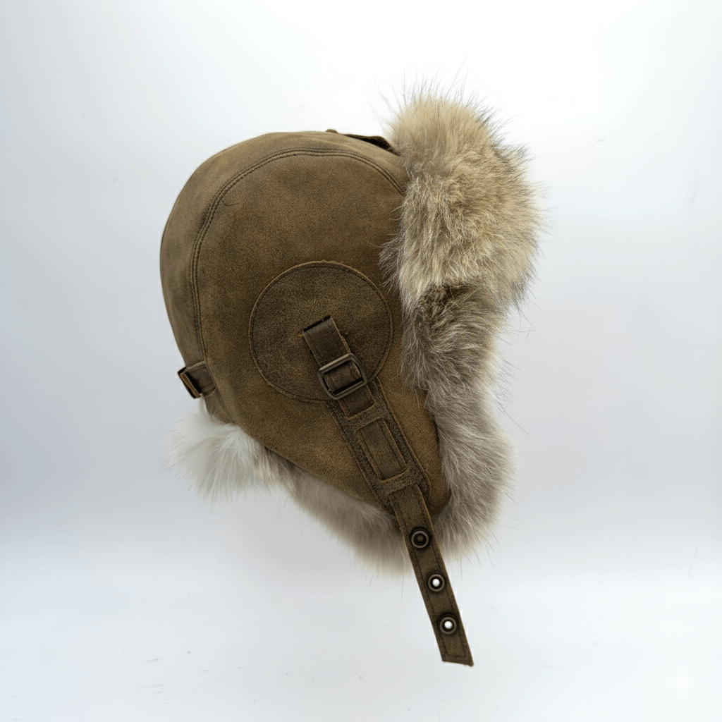 Chapeau aviateur en fourrure de loup, cuir marron antique - Modèle Simon