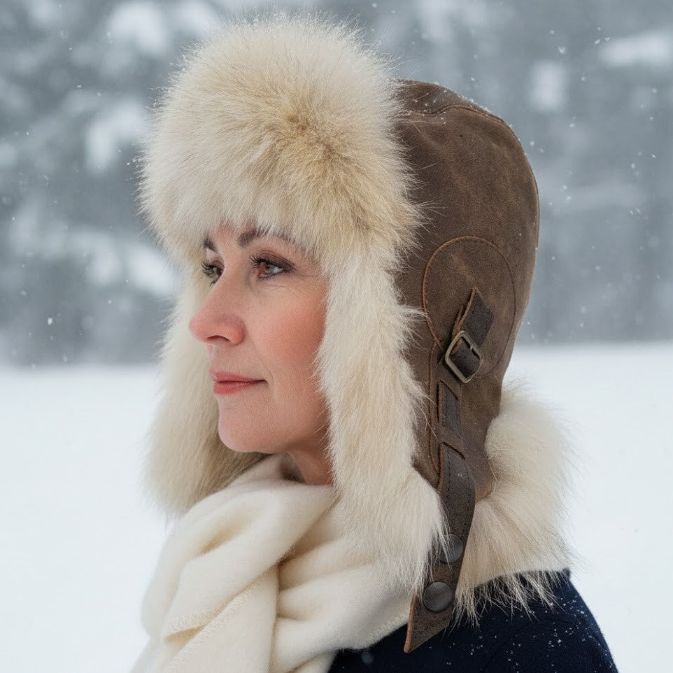 Wolf Fur Aviator Hat, Antique Brown Leather - Simon Model