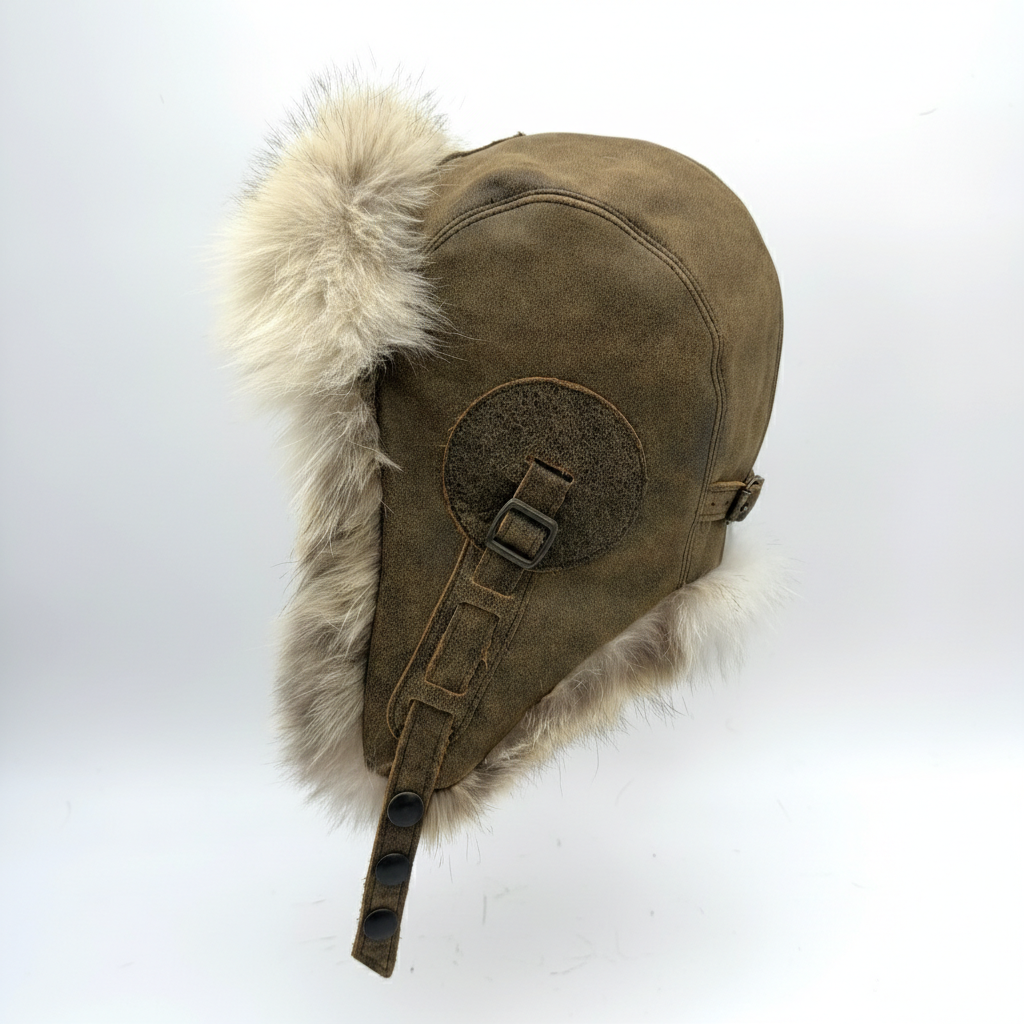 Wolf Fur Aviator Hat, Antique Brown Leather - Simon Model