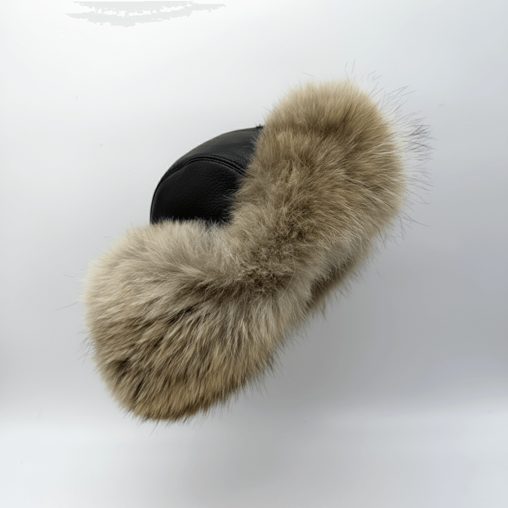 Wolf Fur Aviator Hat, Black Leather - Simon Model
