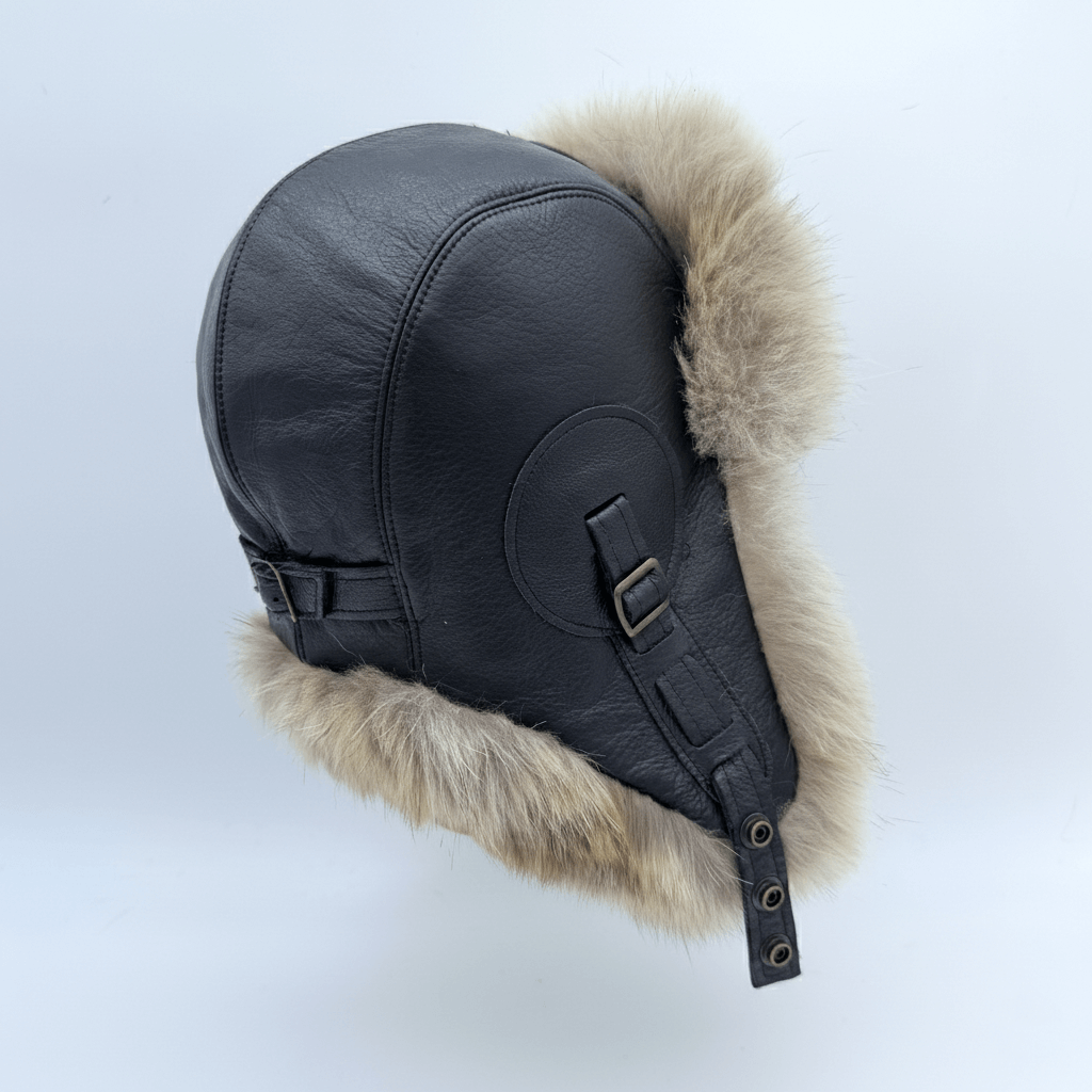 Wolf Fur Aviator Hat, Black Leather - Simon Model