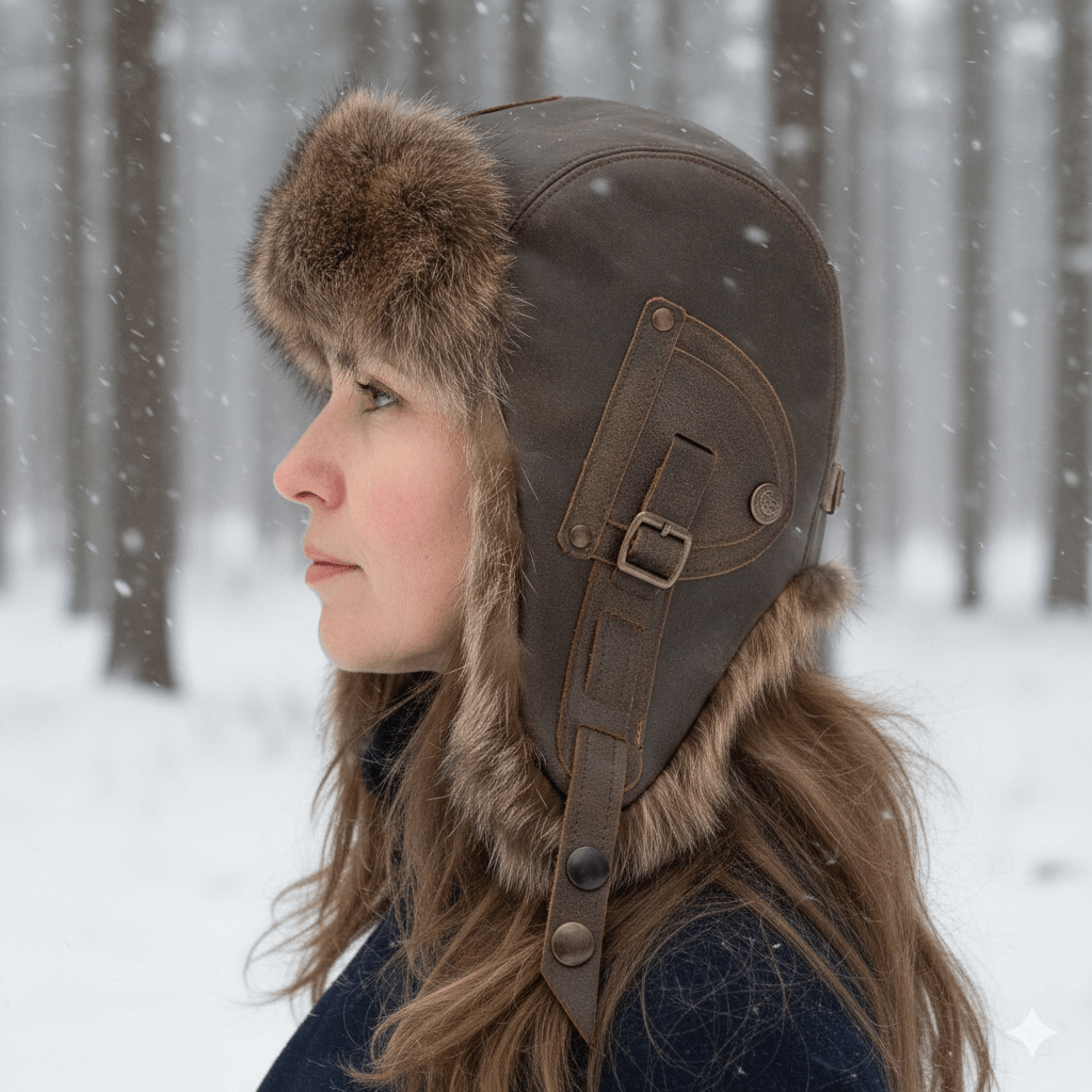 Chapeau aviateur en fourrure de raton laveur, cuir marron antique - Modèle Antoine