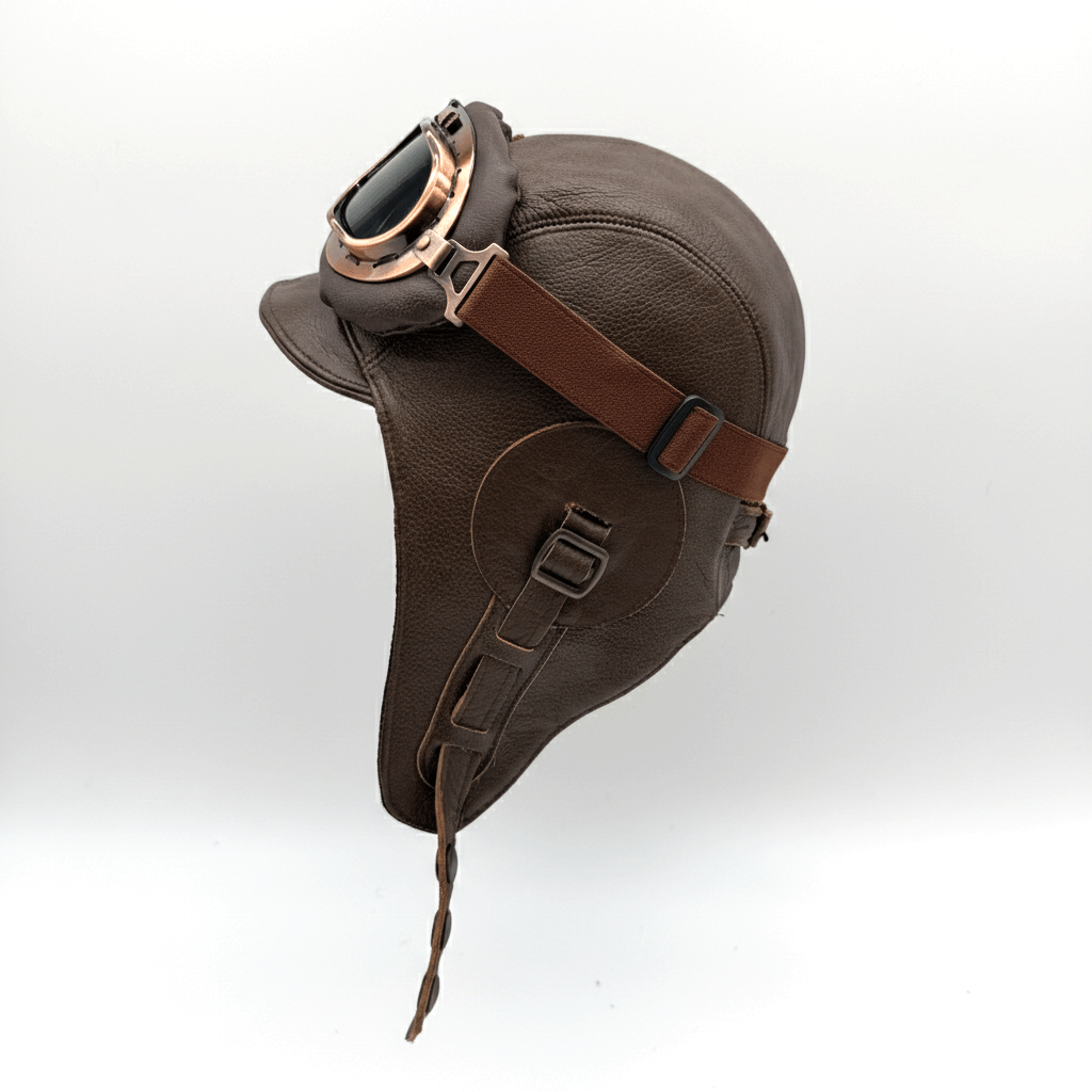 Chestnut Brown Leather Aviator Hat Simon Model shown with vintage aviator goggles