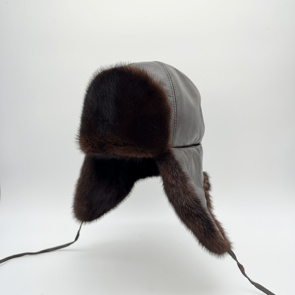 Front view of Recycled Brown Mink Fur Aviator Hat, Brown Leather Charles Model, handmade in Quebec