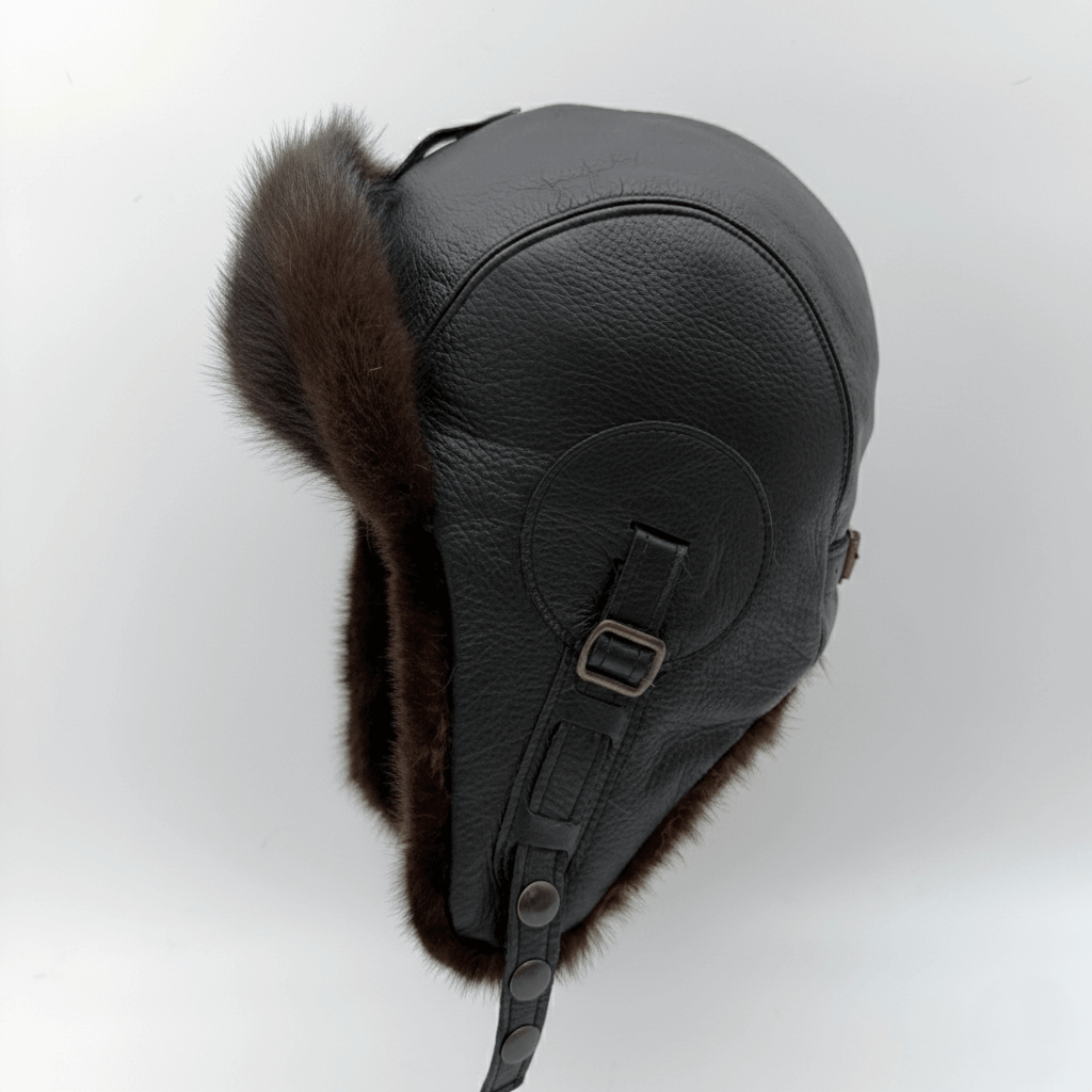 Chapeau aviateur en fourrure de vison noir, cuir noir - Modèle Simon