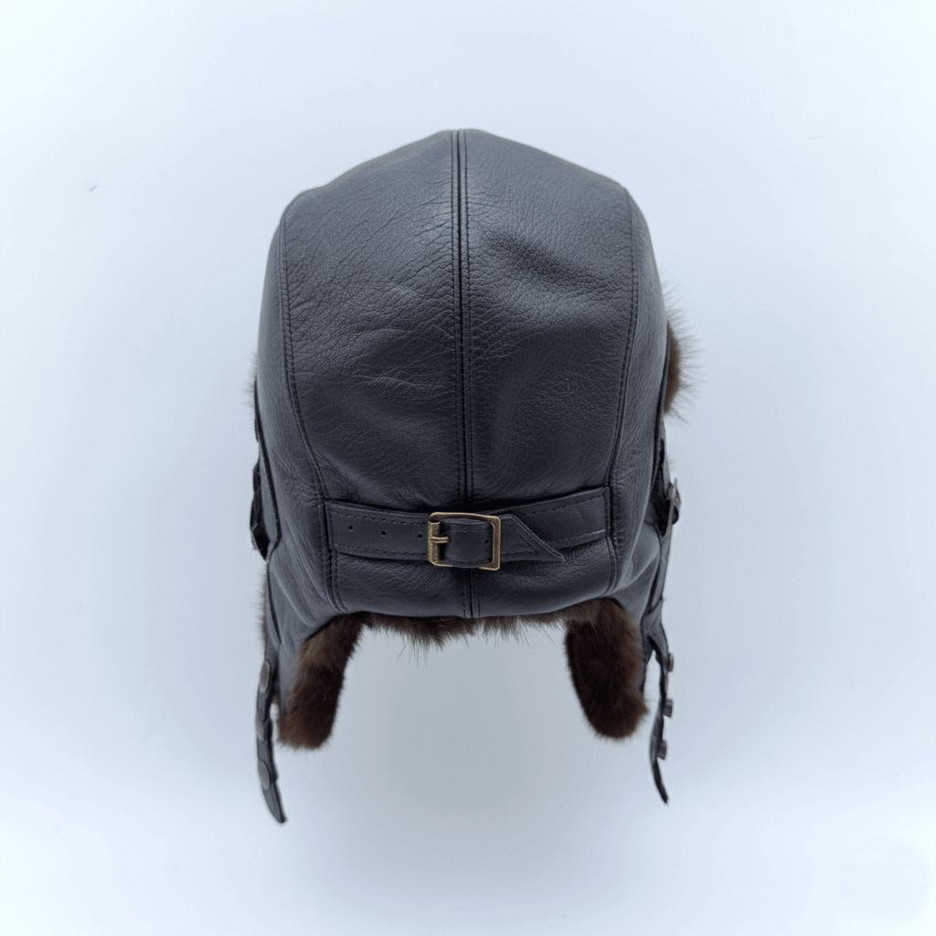 Chapeau aviateur en fourrure de vison noir, cuir noir - Modèle Simon