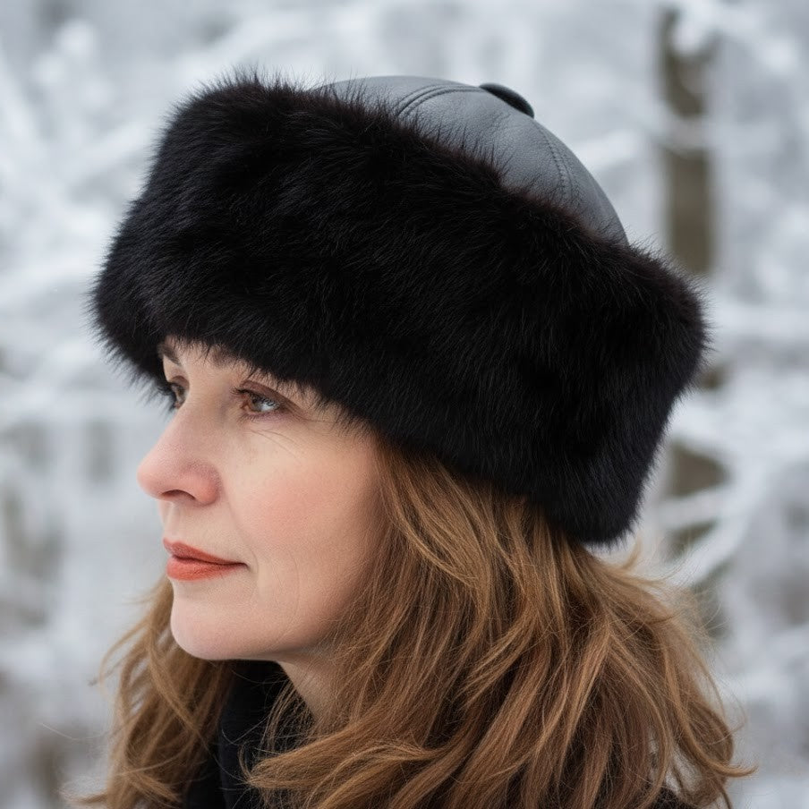 Black Leather and Recycled Mink Cloche Hat – Vintage 1920s Style