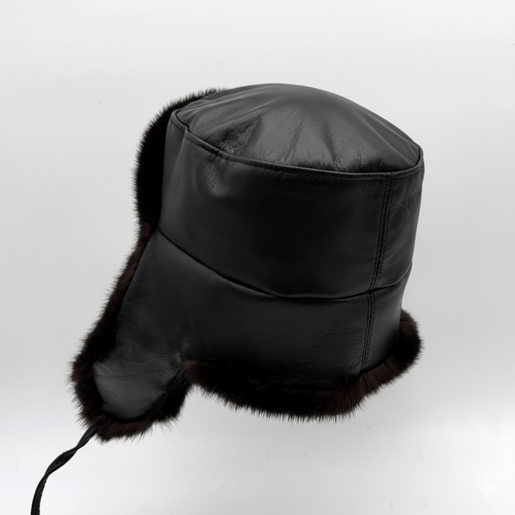 Black Mink Fur Russian Ushanka Hat for Men, Black Leather
