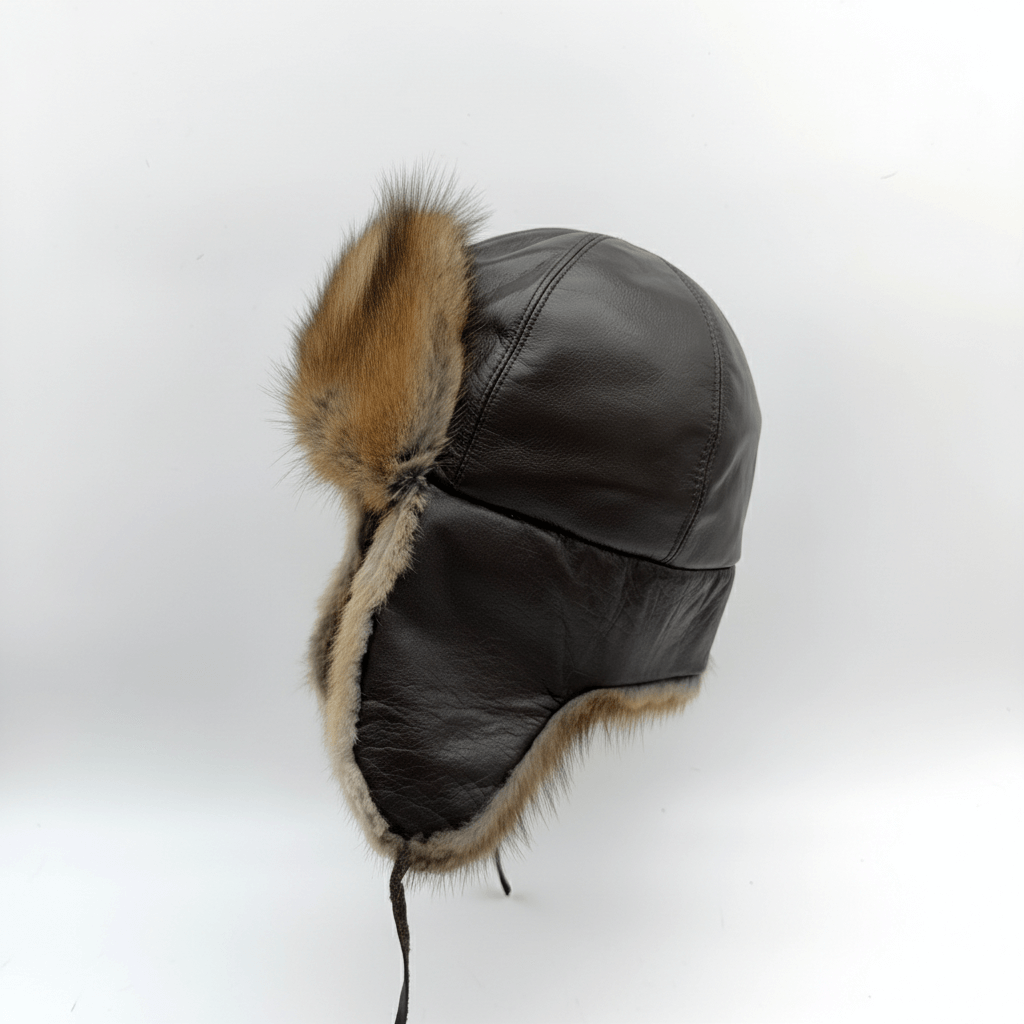 Angled view of Recycled Natural Muskrat Fur Aviator Hat Charles Model