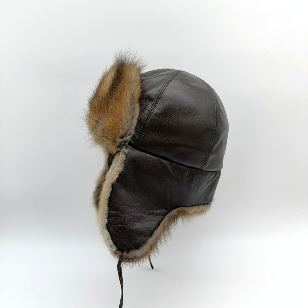 Chapeau aviateur en fourrure de rat musqué naturelle, cuir marron - Modèle Charles