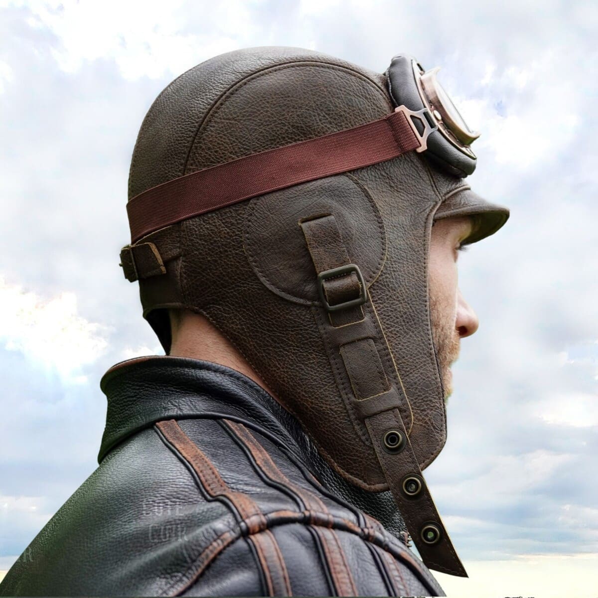 brown leather aviator hat
