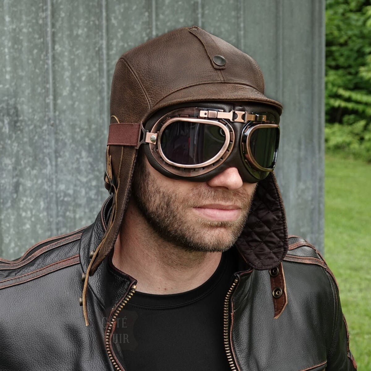 Brown leather aviator helmet