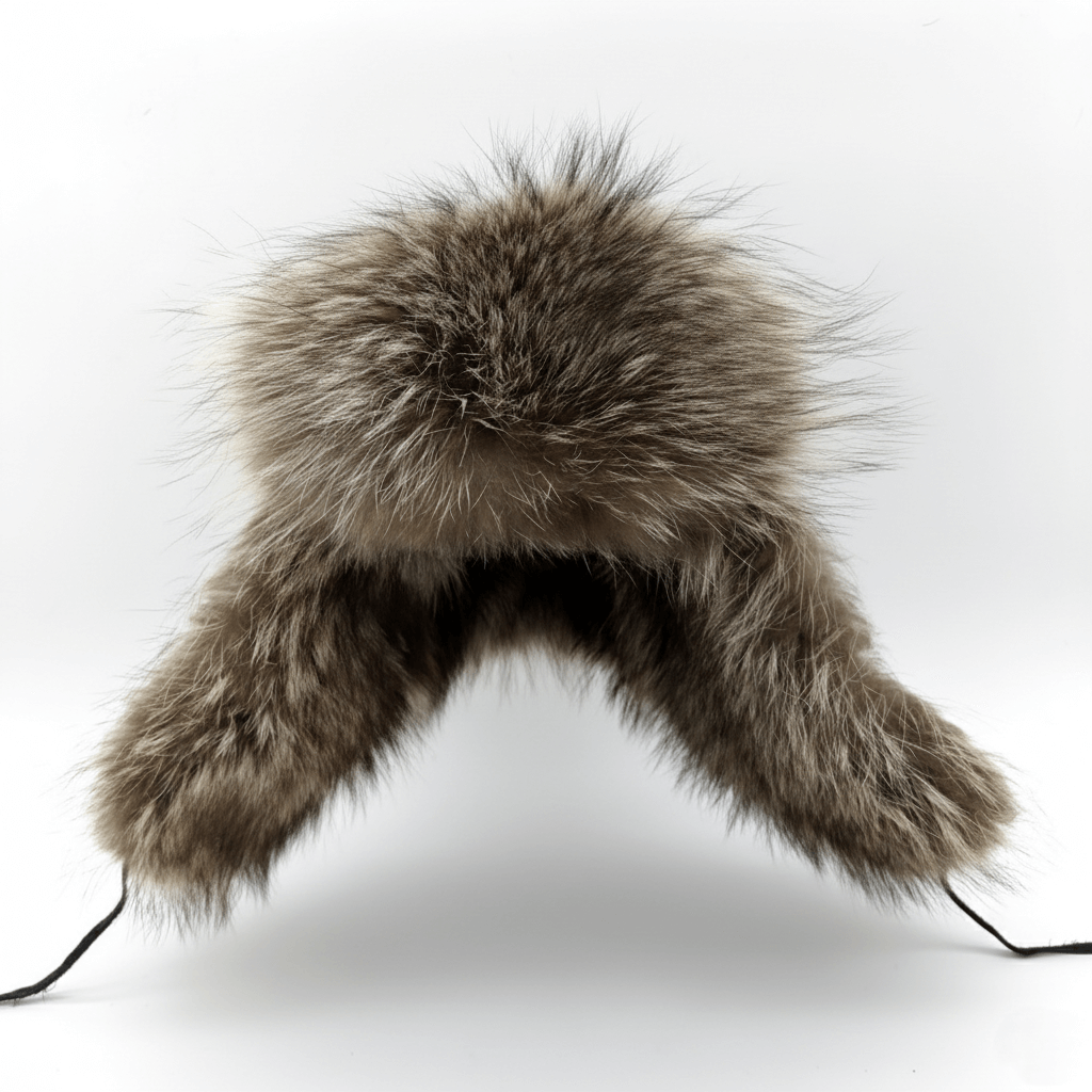 Raccoon Fur Trapper Hat, Black Leather