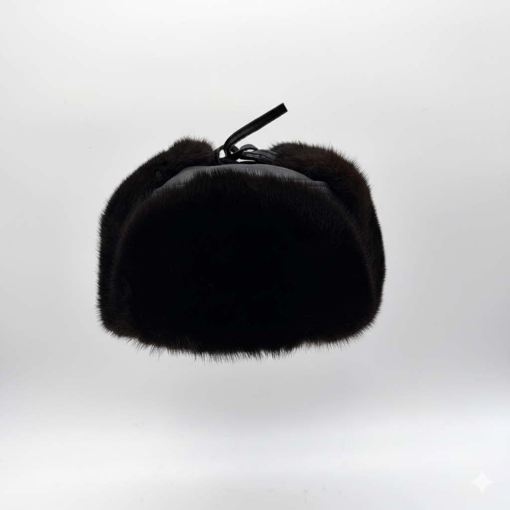 Black Mink Fur Russian Ushanka Hat for Men, Black Leather