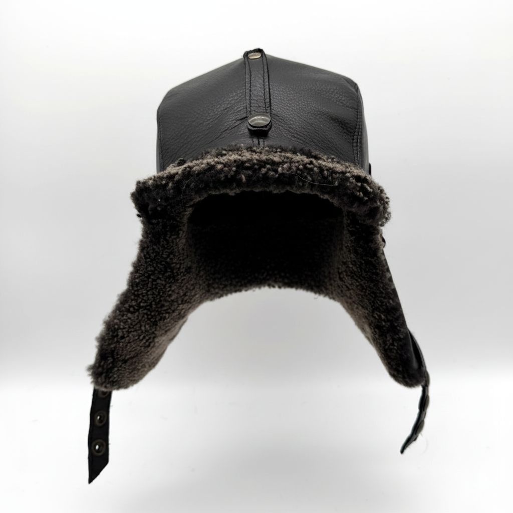 Gray Sheepskin Aviator Hat, Black Leather - Simon Model