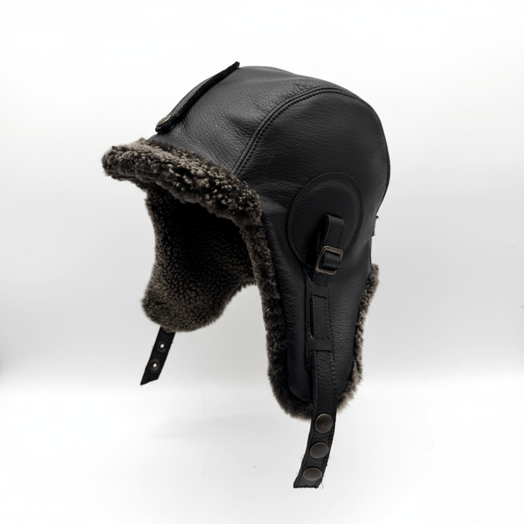 Gray Sheepskin Aviator Hat, Black Leather - Simon Model