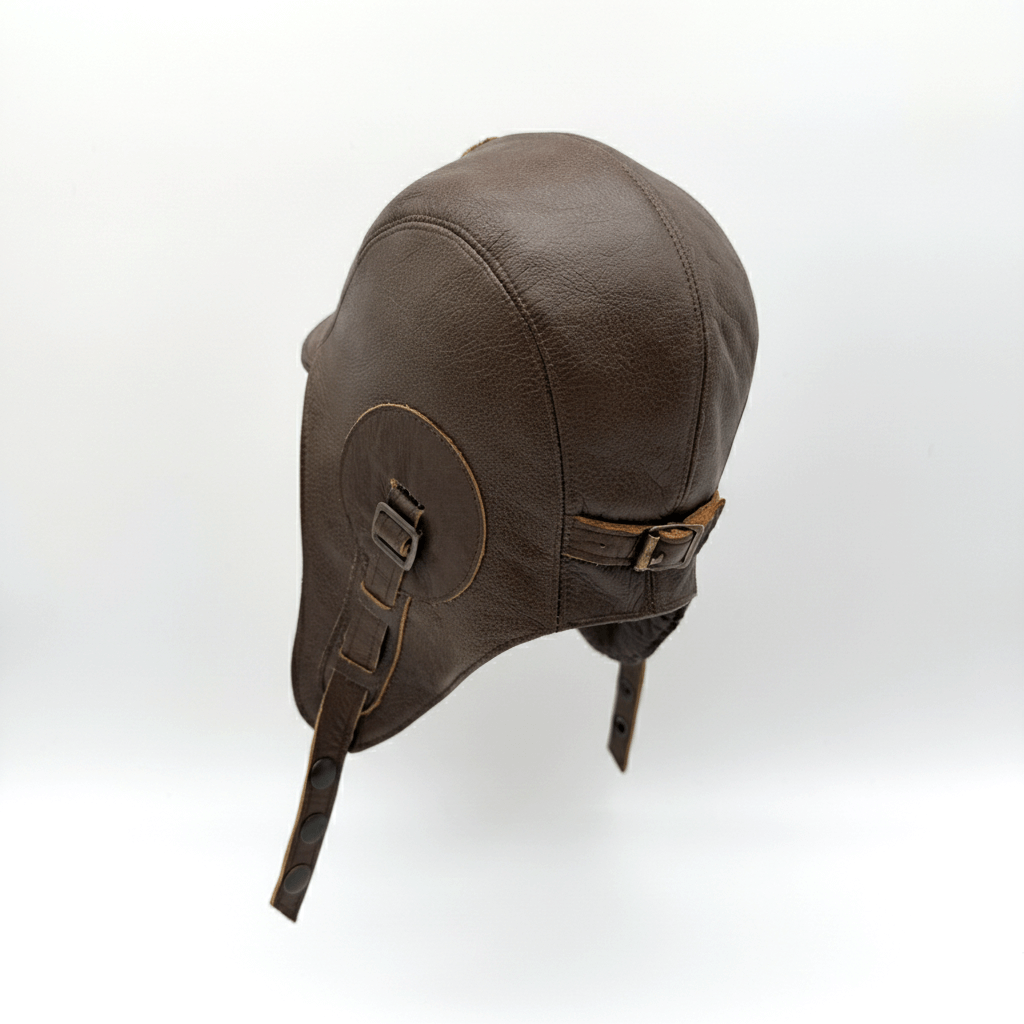 Close-up detail of leather and stitching on Chestnut Brown Leather Aviator Hat Simon Model