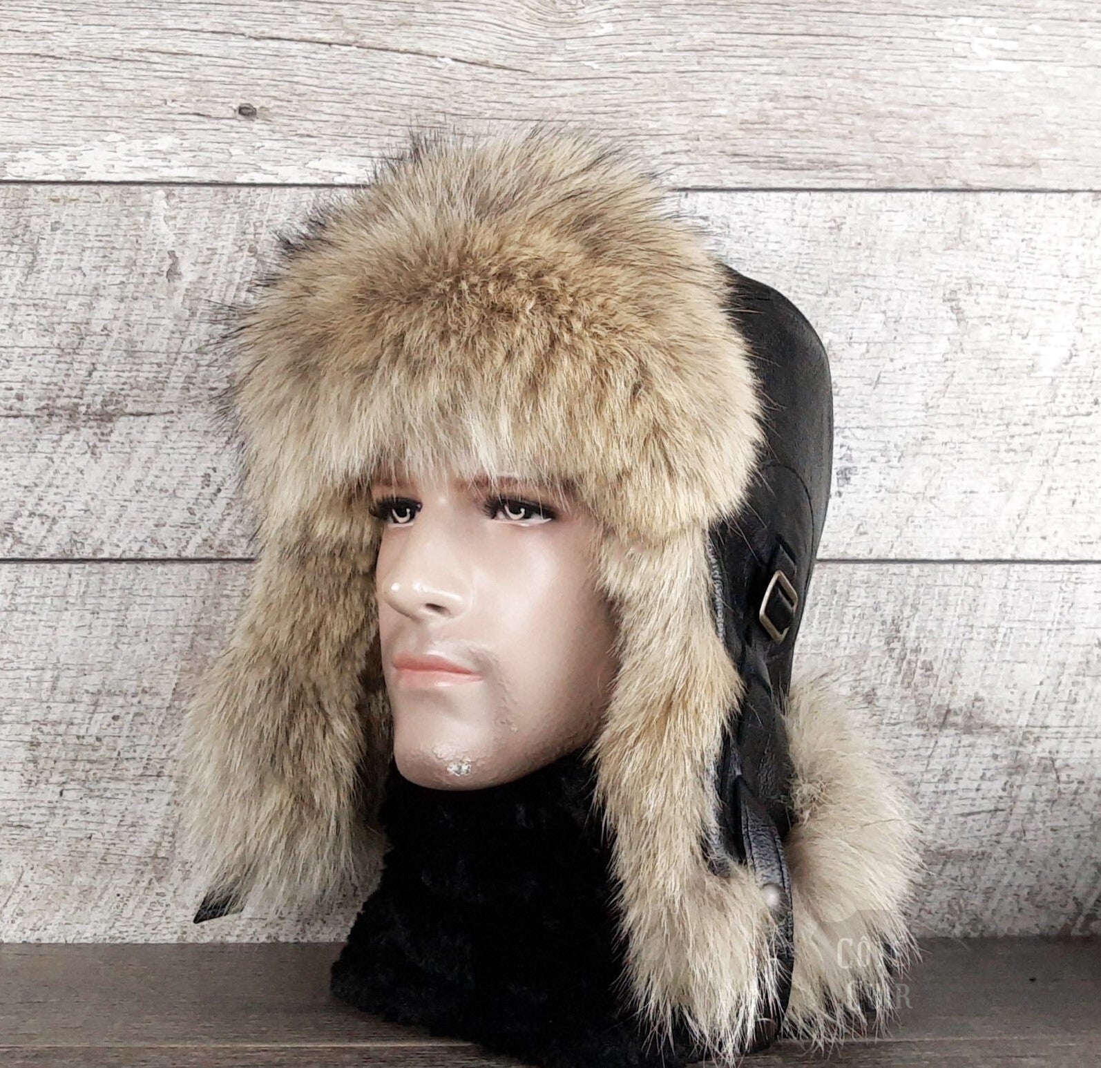 Coyote Fur Aviator Hat, Black Leather - Simon Model