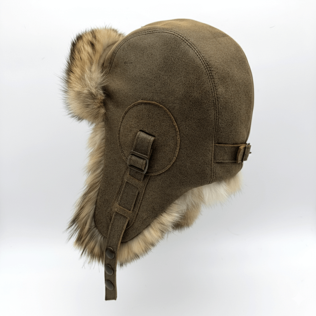 Chapeau aviateur en fourrure de coyote recyclée et cuir brun antique – Modèle Simon