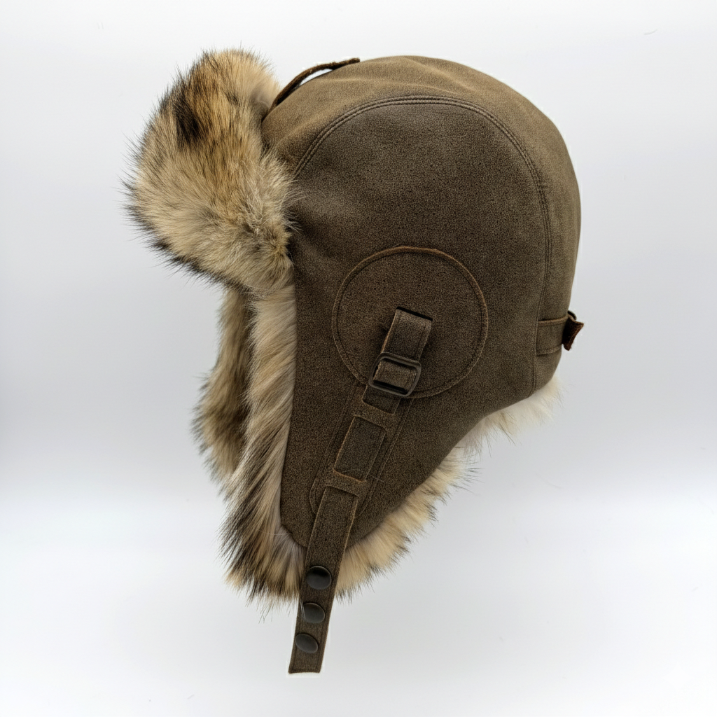 Coyote Fur Aviator Hat, Antique Brown Leather - Simon Model