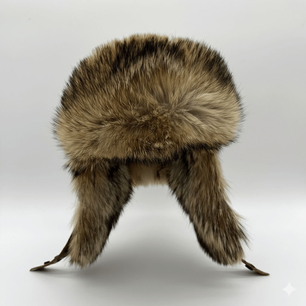 Chapeau aviateur en fourrure de coyote recyclée et cuir brun antique – Modèle Simon