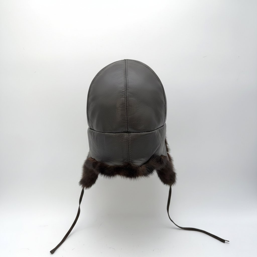 Back view of Recycled Brown Mink Fur Aviator Hat, Brown Leather Charles Model with adjustable fit
