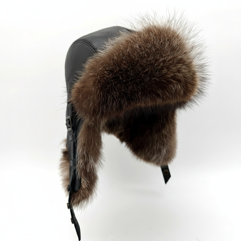 Raccoon Fur Aviator Hat, Black Leather - Simon Model