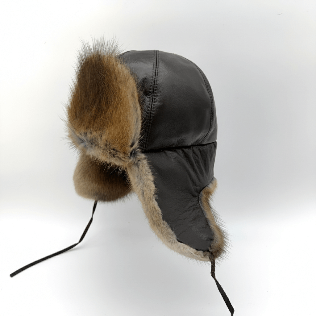 Front view of Recycled Natural Muskrat Fur Aviator Hat Charles Model, handmade in Quebec