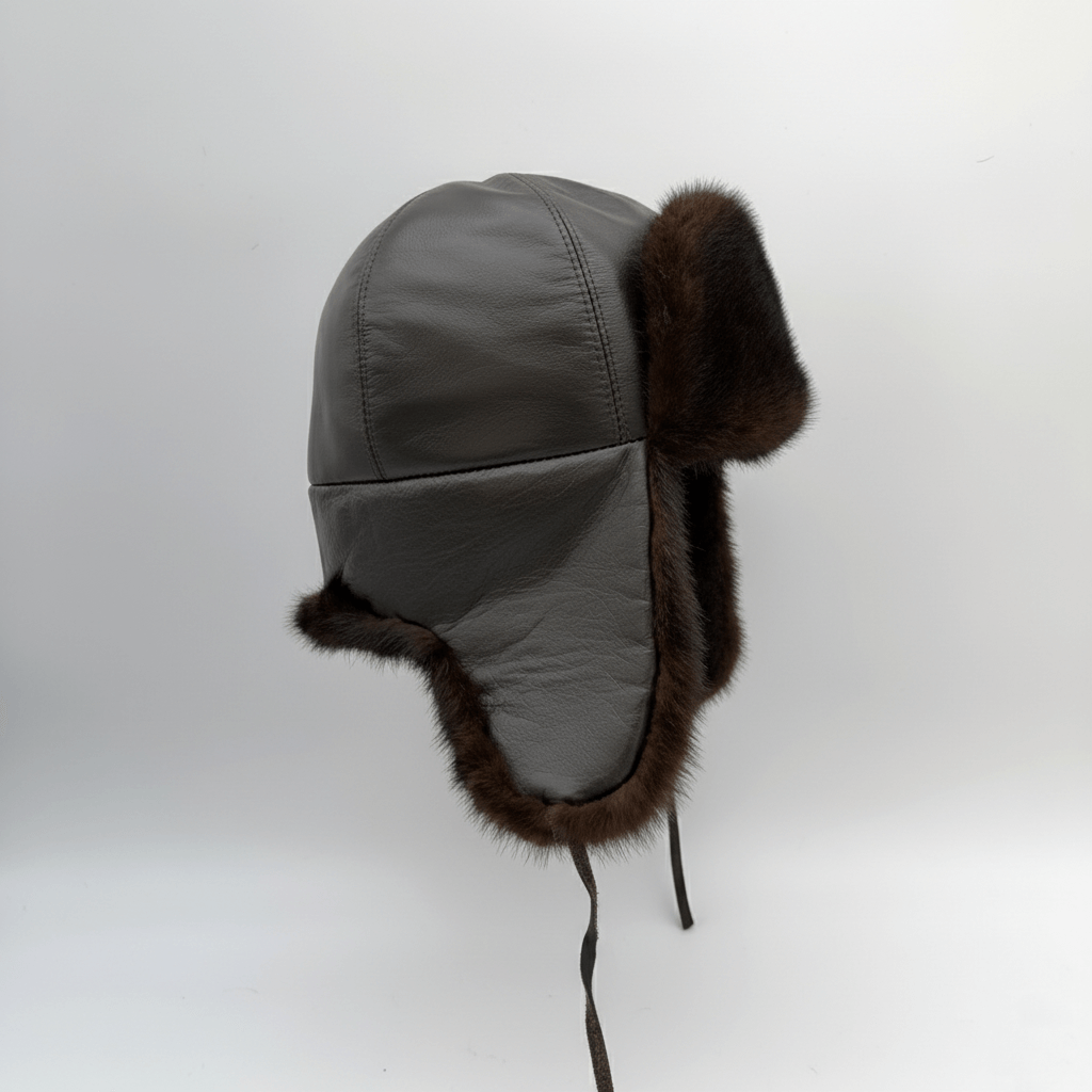 Close-up detail of leather and stitching on Recycled Brown Mink Fur Aviator Hat, Brown Leather Charles Model