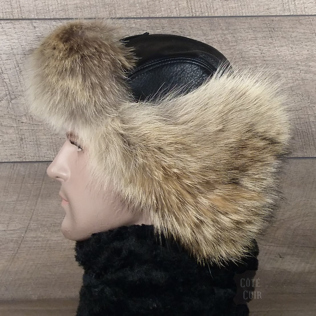 Coyote Fur Aviator Hat, Black Leather - Simon Model