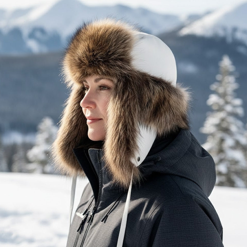 Chapeau de trappeur en fourrure de raton laveur, cuir blanc