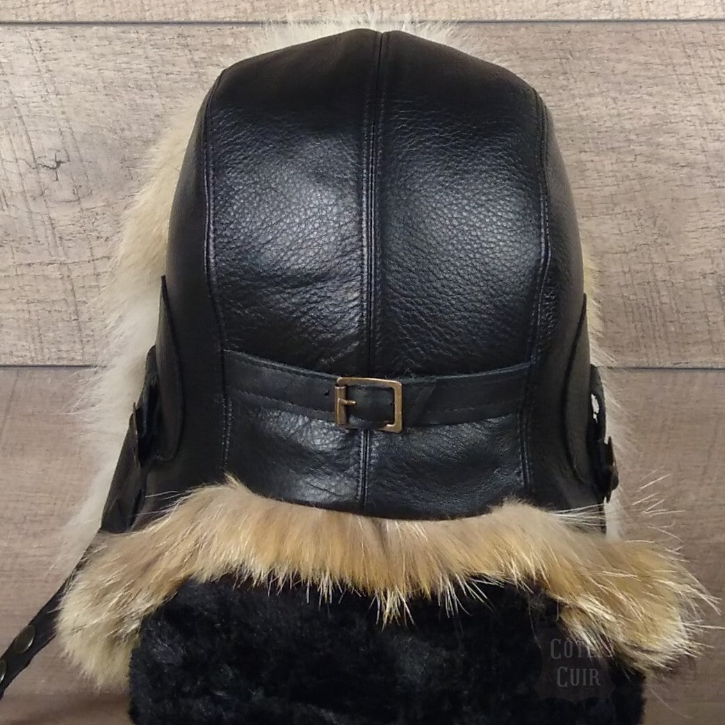Coyote Fur Aviator Hat, Black Leather - Simon Model