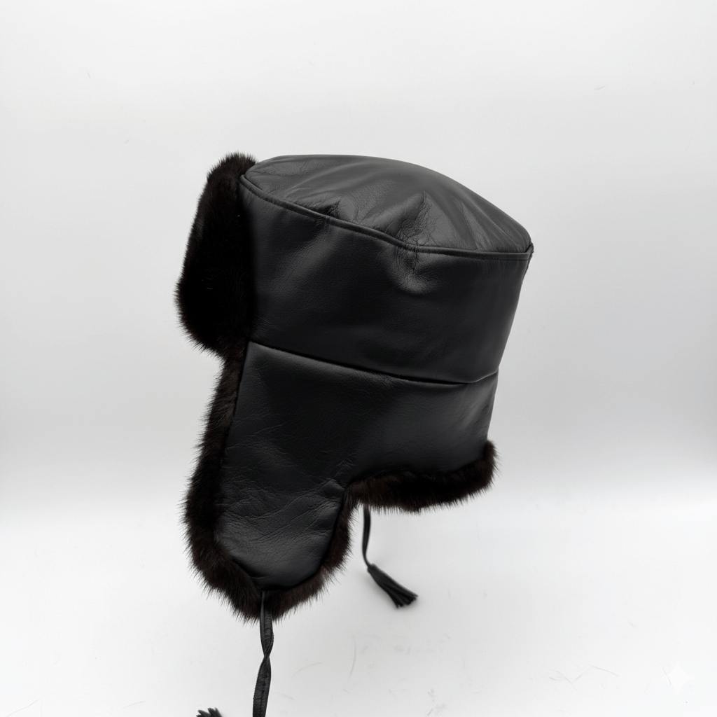 Black Mink Fur Russian Ushanka Hat for Men, Black Leather