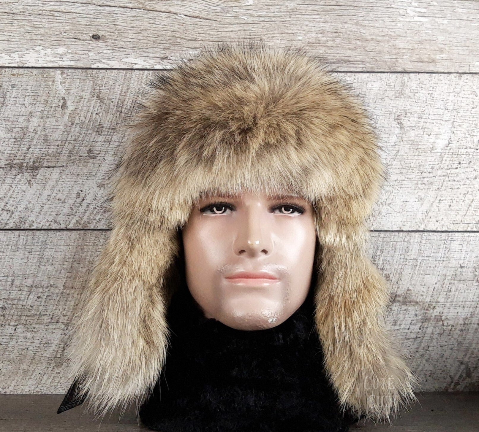 Coyote Fur Aviator Hat, Black Leather - Simon Model
