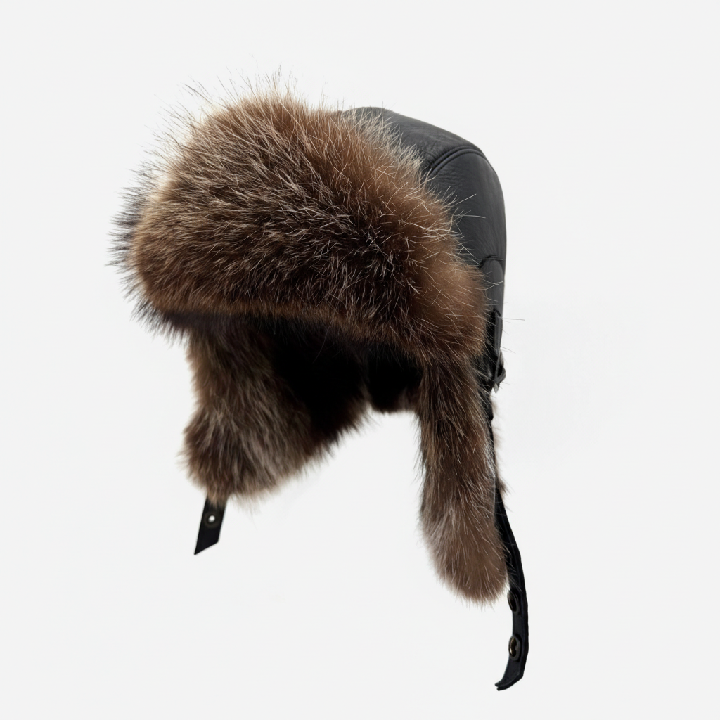 Raccoon Fur Aviator Hat, Black Leather - Simon Model