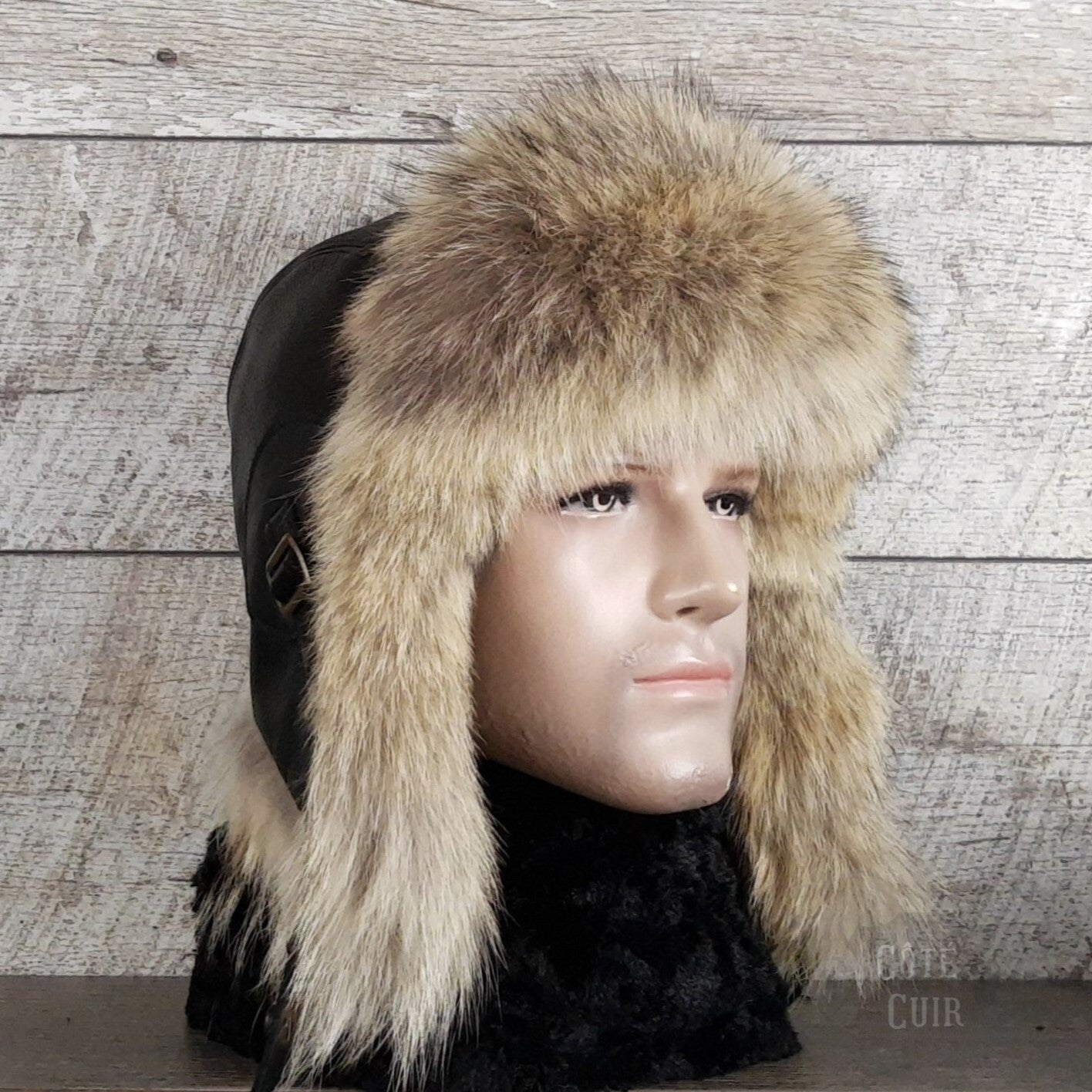 Mens wolf fur trapper hat