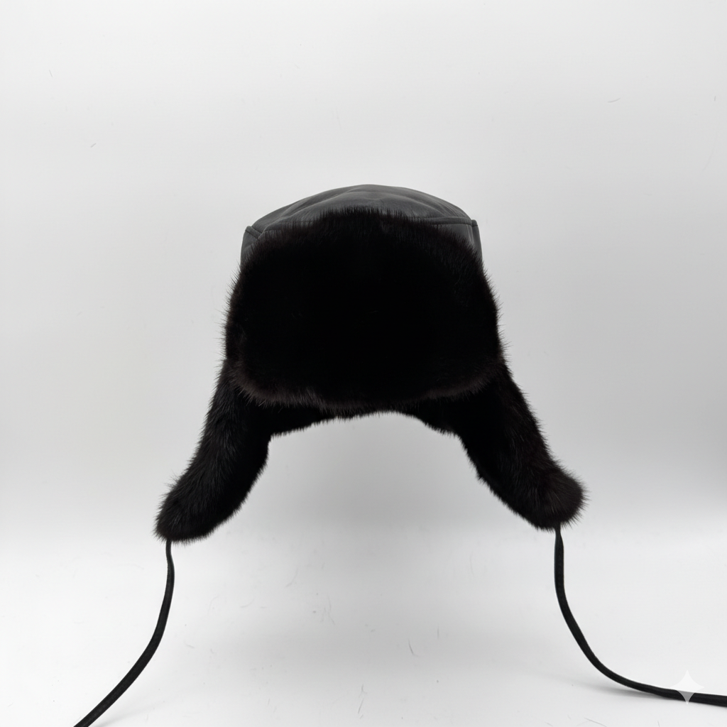 Black Mink Fur Russian Ushanka Hat for Men, Black Leather
