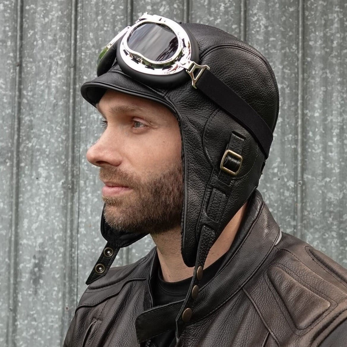 Side view of Chrome Vintage Aviator Goggles with adjustable strap
