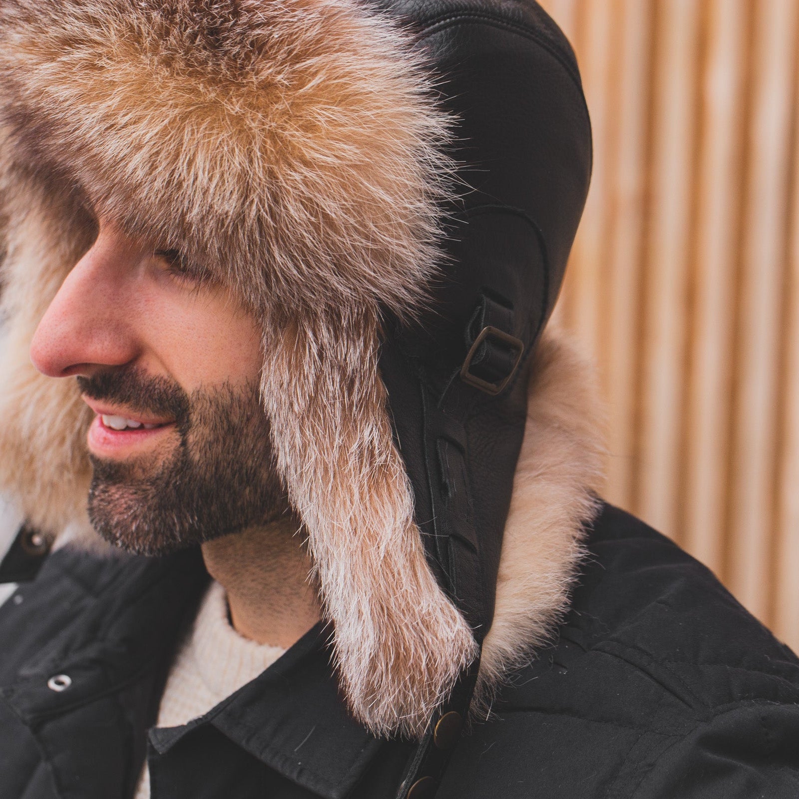 Silver Fox Fur Hat, Black Leather -Simon Model
