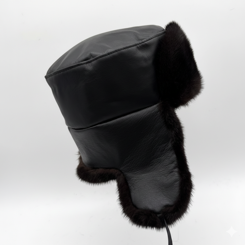 Black Mink Fur Russian Ushanka Hat for Men, Black Leather