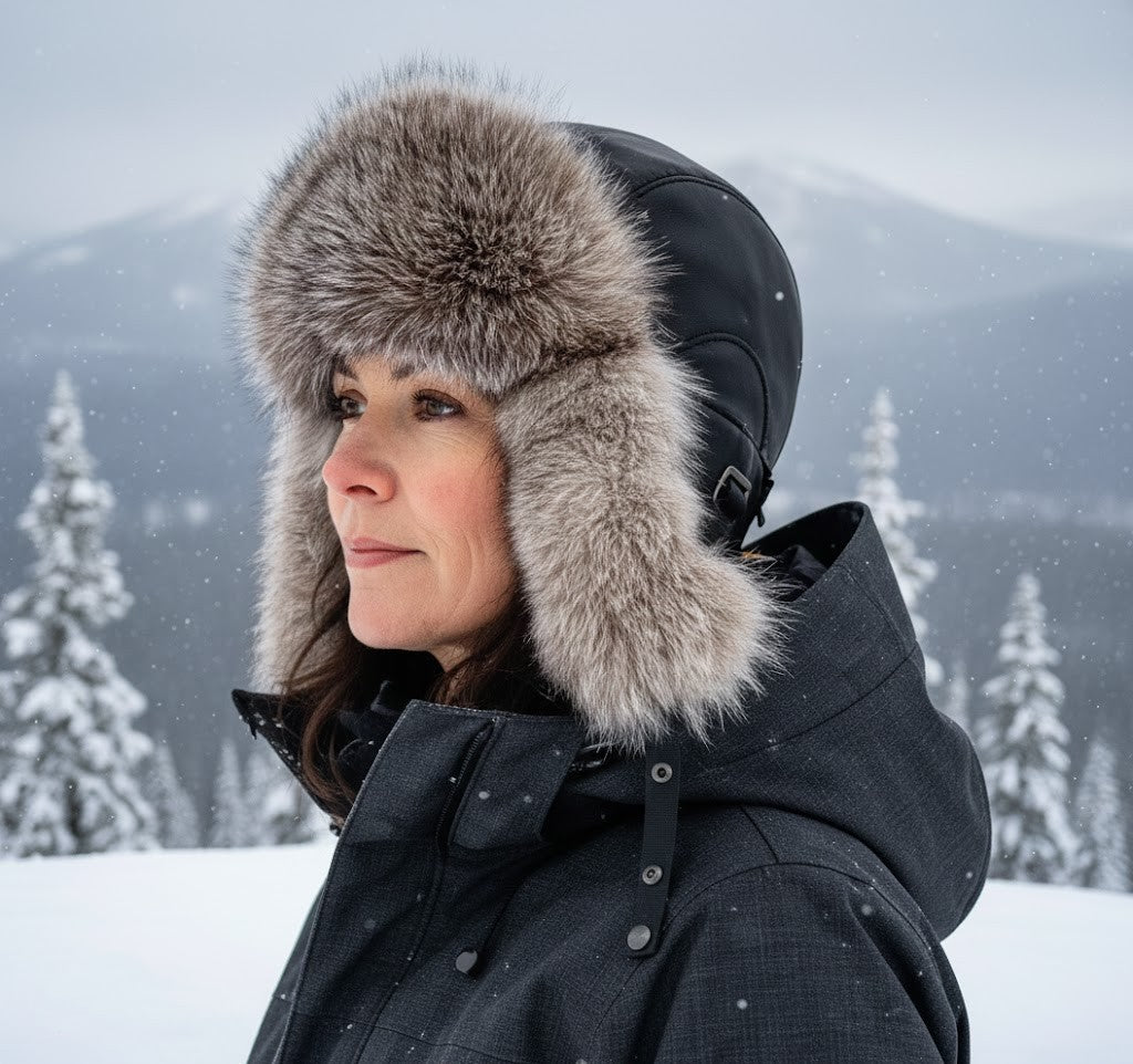 Chapeau en fourrure de renard argenté, cuir noir - Modèle Simon