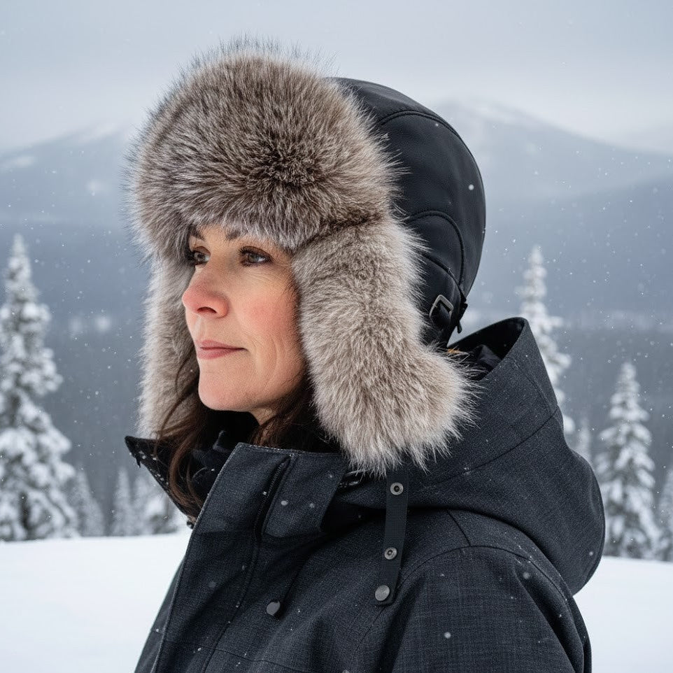 Silver Fox Fur Hat, Black Leather -Simon Model