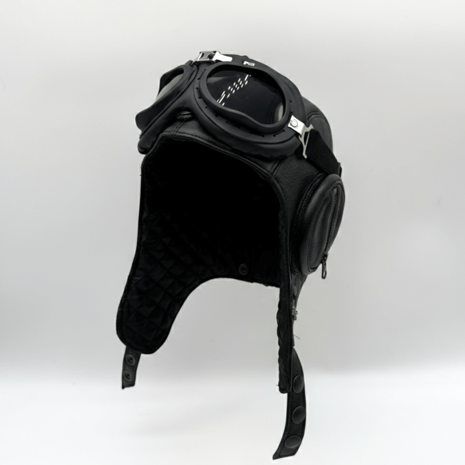 Black Leather Aviator Helmet - William Model without Visor