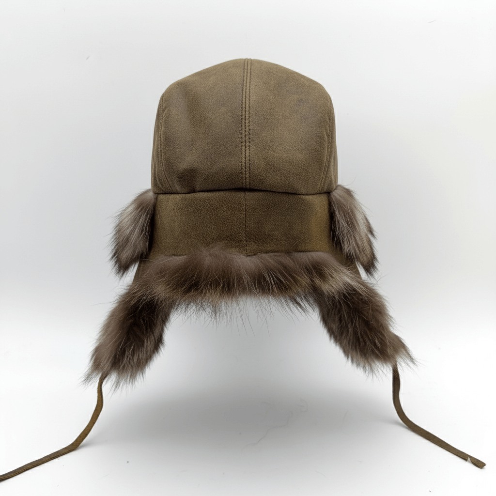 Chapeau trappeur en fourrure de raton laveur, cuir marron antique