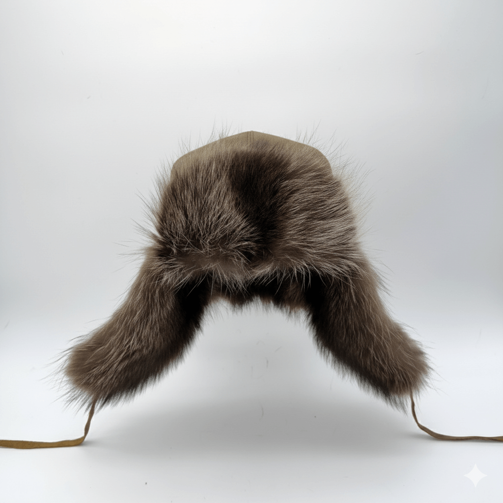 Chapeau trappeur en fourrure de raton laveur, cuir marron antique