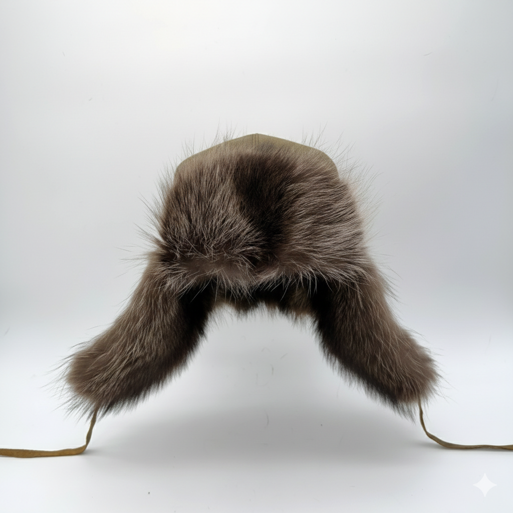 Raccoon Fur Trapper Hat, Antique Brown Leather