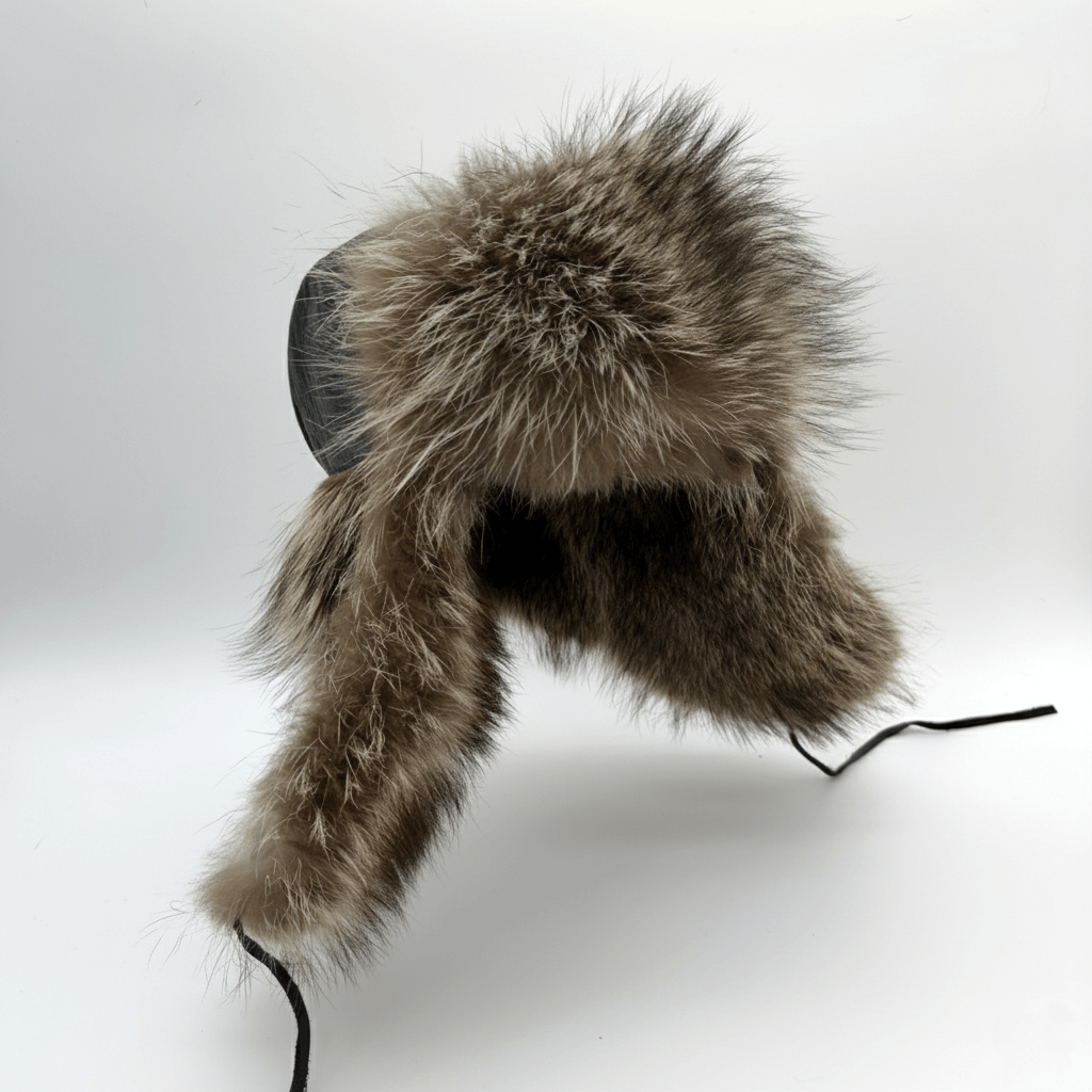 Raccoon Fur Trapper Hat, Black Leather