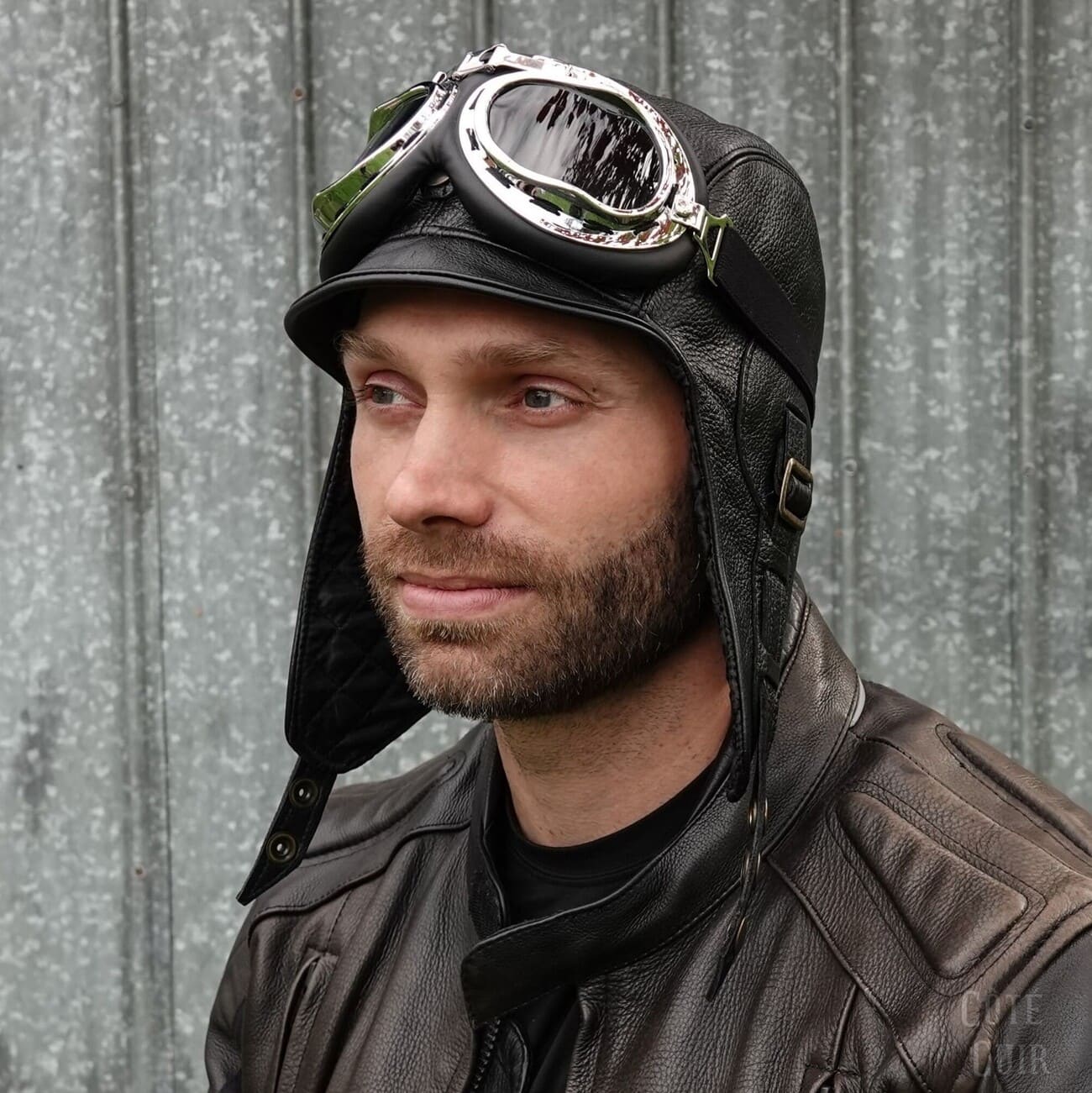 Close-up of Chrome Vintage Aviator Goggles lenses and frame